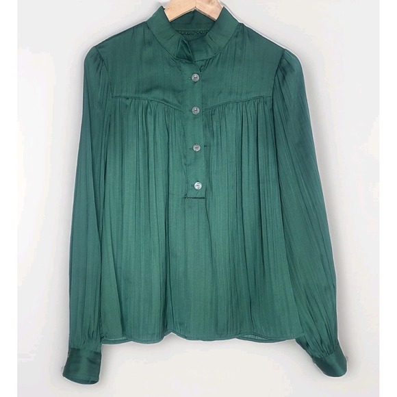 Anthropologie Tops - Anthropologie Women's M Green Relaxed Shimmer Long Sleeve Pleated Satin Blouse